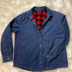 Riders Women's Blue Button Up Buffalo Plaid Fleece Lining Size Med Cotton Shirt